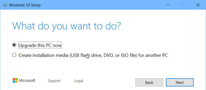 Opciones de la herramienta de creación de medios de Windows 10