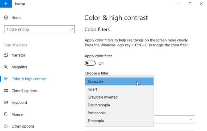 Filtros de color de Windows 10