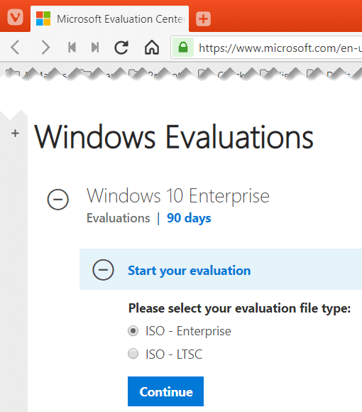 Seleccione el tipo de archivo ISO de evaluación de Windows 10 Enterprise