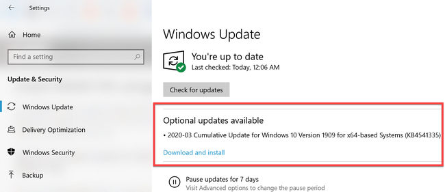 Actualizaciones opcionales disponibles en Windows Update (KB4541335)