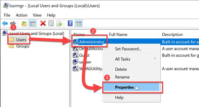 Usuario administrador en usuarios y grupos locales Windows 10