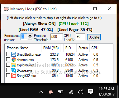 Obtenga alertas de carga de CPU y RAM con Memory Hogs 1