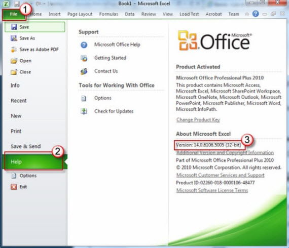 Información de la versión de Office 2010