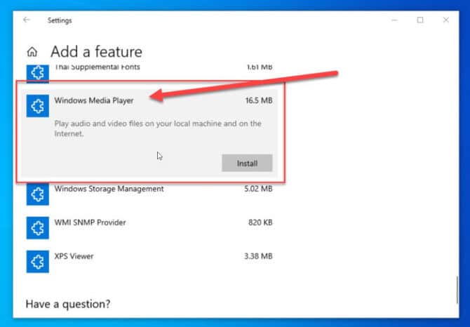 Instale Windows Media Player desde funciones opcionales en Windows 10