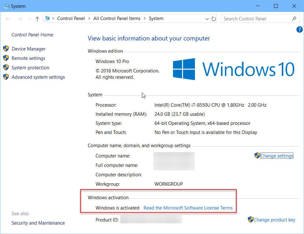 Verifique la activación de Windows usando las propiedades del sistema