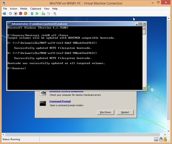 Comando de Windows 7 para reparar la pantalla negra ejecutado con éxito