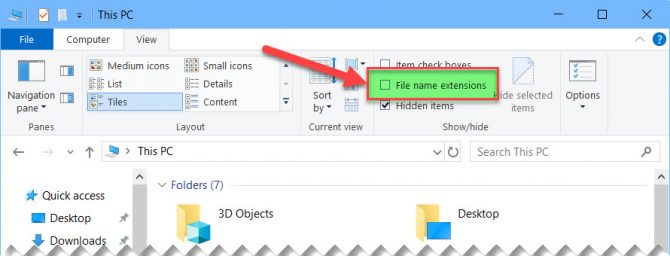Extensiones de nombre de archivo en la cinta del explorador de archivos