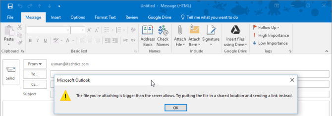 Límite de tamaño del archivo adjunto del cliente de Outlook