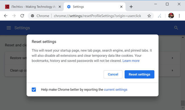 Restablecer la configuración en Chrome
