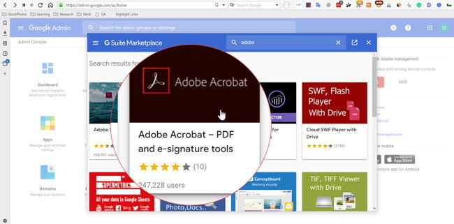 Busque Adobe Acrobat en GSuite Marketplace utilizando el administrador de dominio