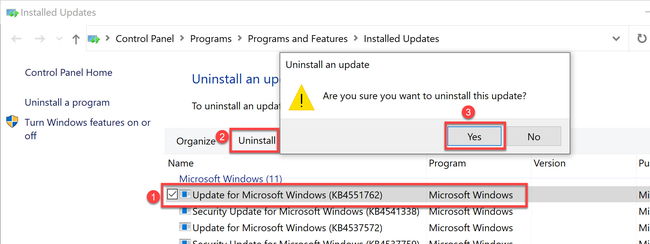 Desinstalar una actualización de Windows usando el historial de actualizaciones de Windows