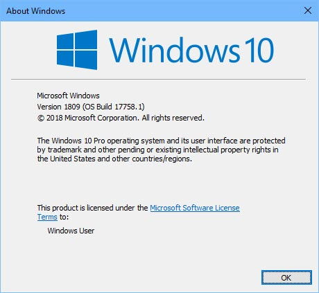 Windows 10 versión 1809 winver