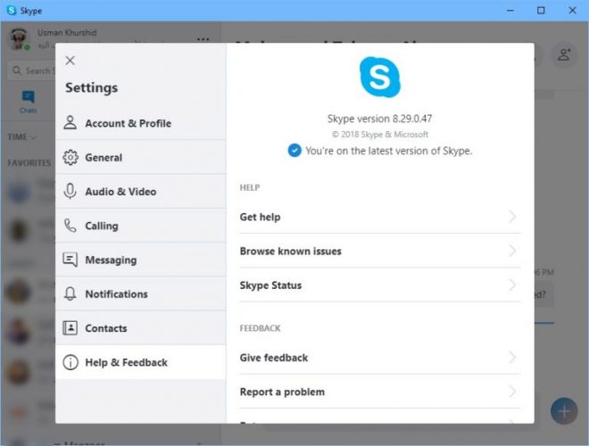 Ventana de ayuda y comentarios de Skype 8 29